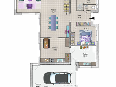 Plan habillé Rdc - maison - Une maison à l'architecture futuriste