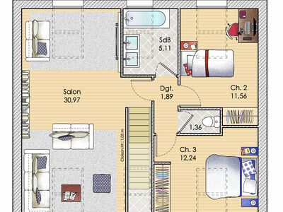 Plan habillé Etage - maison - Une maison à l'architecture compacte