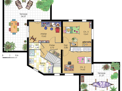 Plan habillé Etage - maison - Grande villa contemporaine