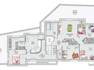 Plan habillé Etage - maison - Une maison sur trois niveaux