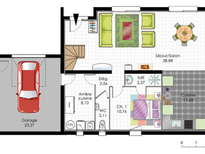 Plan habillé Rdc - maison - Maison moderne de quatre chambres