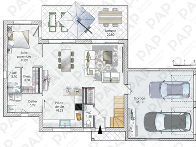 Plan habillé Rdc - maison - Une maison familiale dans l'Ain