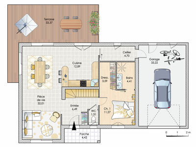 Plan habillé Rdc - maison - Une maison calme et confortable dans l’Aube