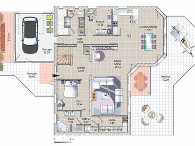 Plan habillé Rdc - maison - Une maison familiale de 215 m2