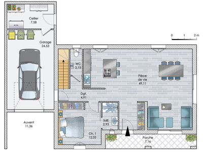 Plan habillé Rdc - maison - Une maison génératrice de grands espaces