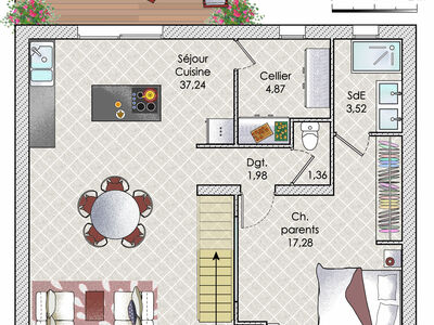 Plan habillé Rdc - maison - Une maison à l'architecture compacte