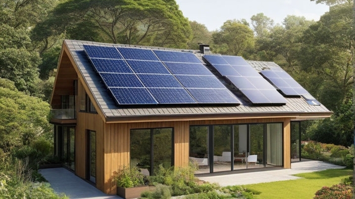 Avec sa couverture presque totale en panneaux photovoltaïques, cette maison est énergétiquement autonome. Les panneaux peuvent même recharger le véhicule électrique.