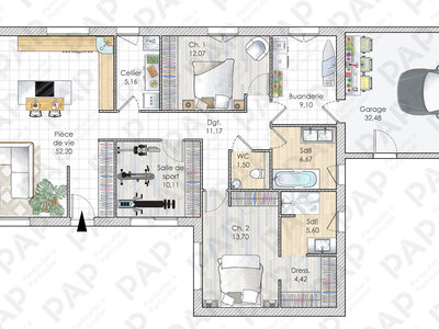 Plan habillé Rdc - maison - Une maison pratique et confortable dans l'Eure