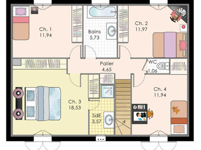Plan habillé Etage - maison - Maison familale
