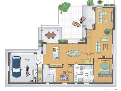 Plan habillé Rdc - maison - Maison en bois 1