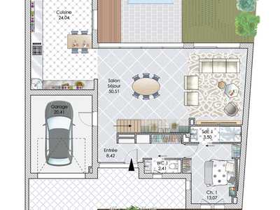 Plan habillé Rdc - maison - Une maison de pierre et de verre