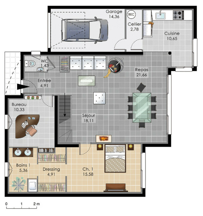 Plan maison meublé - Maison spacieuse et contemporaine