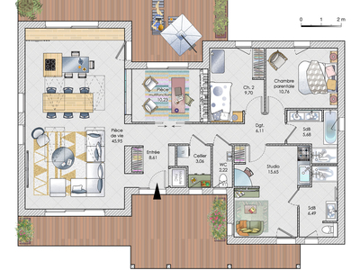 Plan habillé Rdc - maison - Une maison à la modularité visionnaire