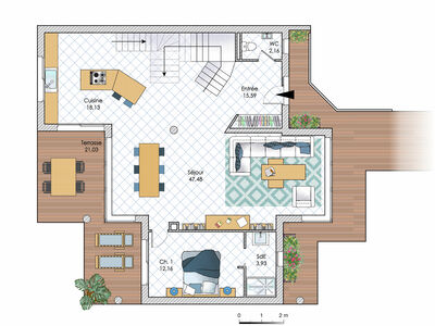 Plan habillé Rdc - maison - Une maison unique en Ile-de-France