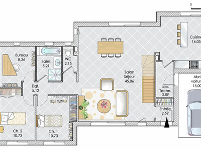 Plan habillé Rdc - maison - Une géométrie parfaite pour une maison lumineuse