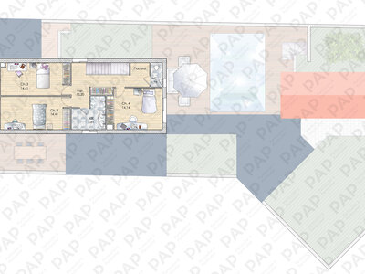 Plan habillé Etage - maison - Une maison qui joue la carte de l'intimité