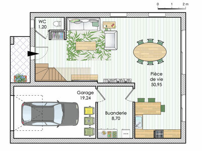 Plan habillé Rdc - maison - Une maison contemporaine aux lignes géométriques