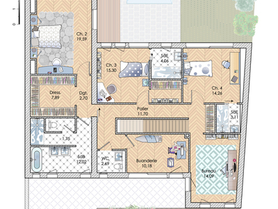 Plan habillé Etage - maison - Une maison de pierre et de verre
