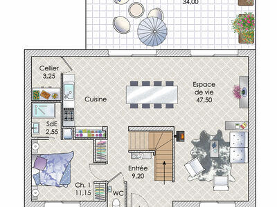 Plan habillé Rdc - maison - Une maison à la beauté intemporelle