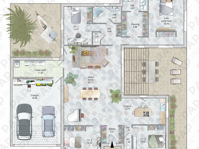 Plan habillé Rdc - maison - Une maison aux lignes graphiques en Normandie