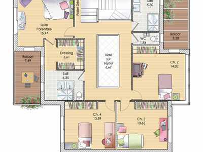 Plan habillé Etage - maison - Une maison unique en Ile-de-France