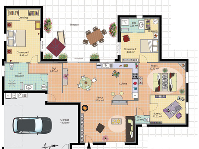 Plan habillé Rdc - maison - Maison de plain-pied 2