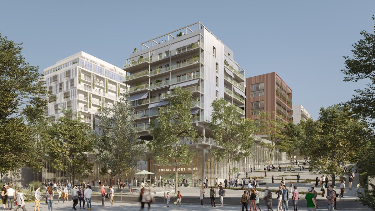Les Quinconces : vue de la façade Seine avec le Social Sport Club (Architectes UAPS, Brenac & Gonzalez & Associés)