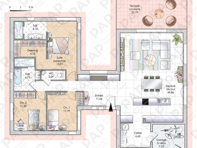 Plan habillé Rdc - maison - Une maison à la croisée des ailes