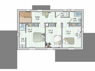 Plan habillé Etage - maison - Une maison avec le soleil pour horizon