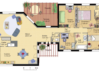 Plan habillé Rdc - maison - Maison de plain-pied BBC
