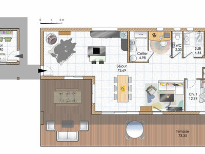 Plan habillé Rdc - maison - Une maison qui fait corps avec la nature