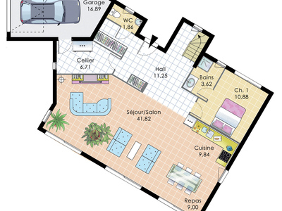 Plan habillé Rdc - maison - Maison bois performante