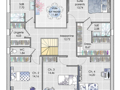 Plan habillé Etage - maison - Une grande maison de cinq chambres