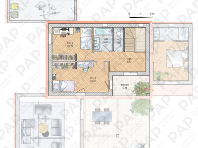 Plan habillé Etage - maison - Une maison avec le soleil pour allié