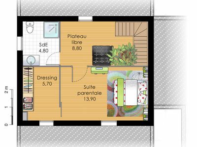 Plan habillé Etage - maison - Une maison toute de bois vêtue