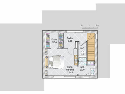 Plan habillé Etage - maison - Une géométrie parfaite pour une maison lumineuse