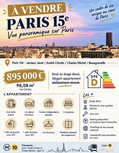 Vente appartement 4 pièces Paris 15e