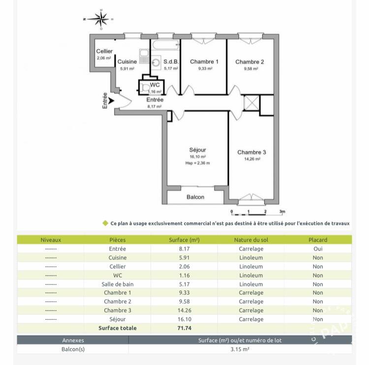 Appartement a louer  - 4 pièce(s) - 72.5 m2 - Surfyn