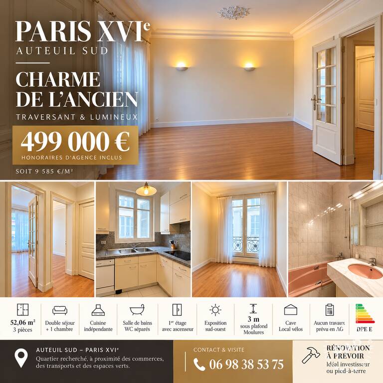 Appartement 3 pièces 52 m² · à Paris 16e · 52,1 m² · 499 000 €